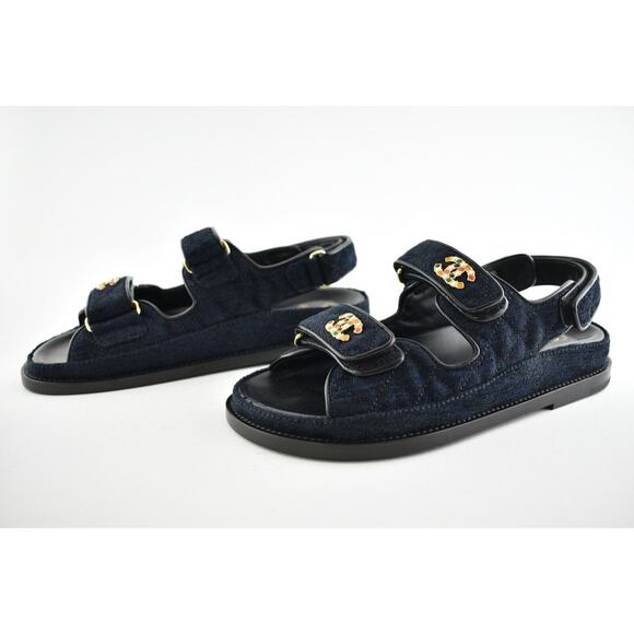 Chanel 21A Blue Velvet Denim CC Logo Mule Slide Strap Flat Teva Dad Sandal 38 - Picture 10 of 12